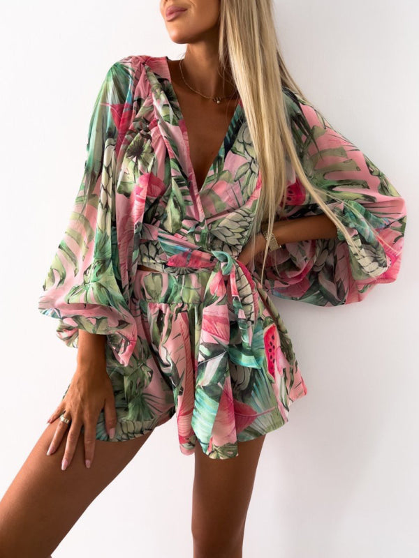 V-neck tropical rainforest jumpsuit