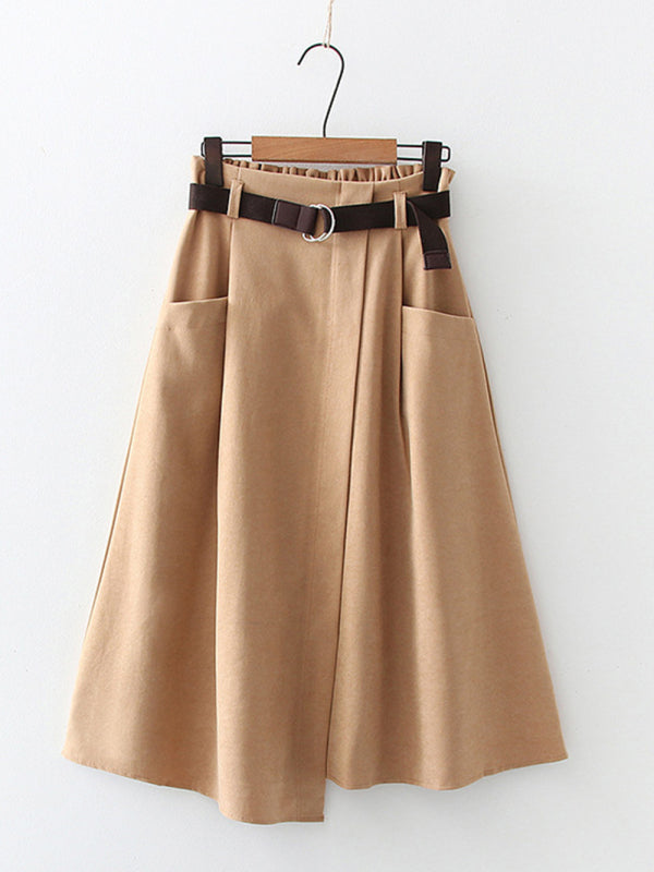 Women's pocket high waist slimming irregular mid length skirt