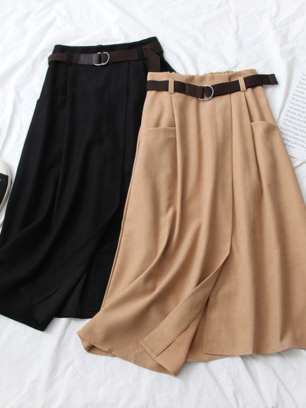 Women's pocket high waist slimming irregular mid length skirt