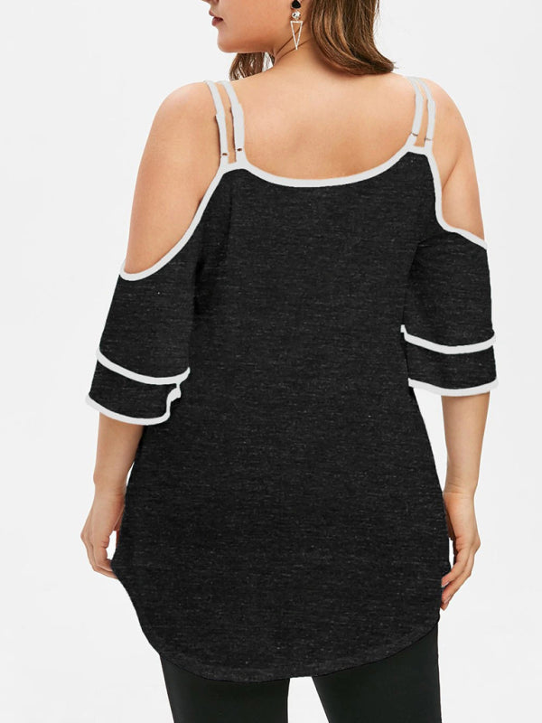 White Off-Shoulder Sling Sequined Lotus Leaf Sleeve Top