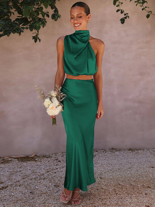 Emerald Green Elegant Neck Drape Top with Matching Skirt Set
