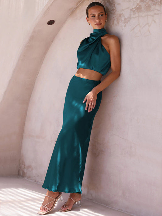 Acid Blue Elegant Neck Drape Top with Matching Skirt Set