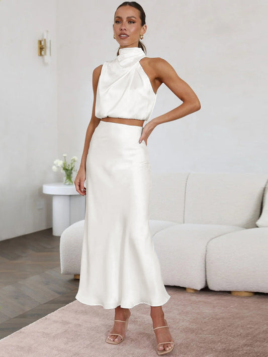 White Elegant Neck Drape Top with Matching Skirt Set