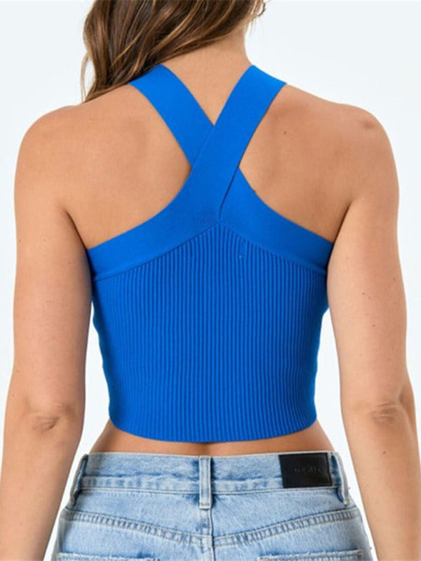 New style cross hanging neck strap small vest knitted backless bandage tube top sweater