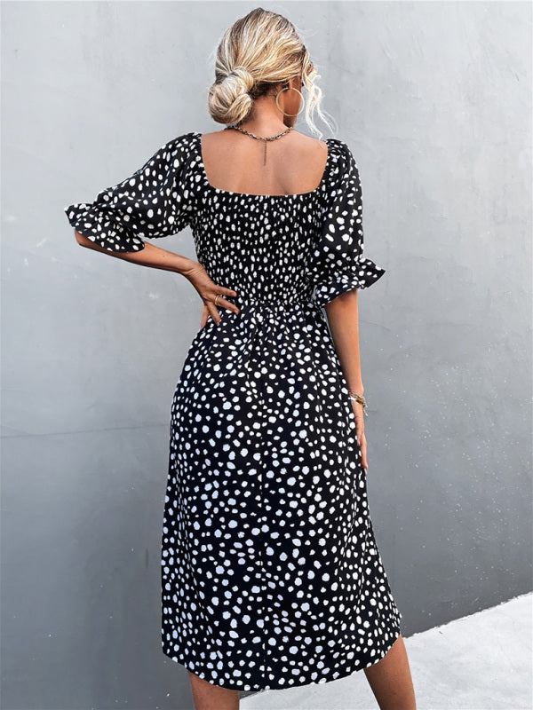 Women's Casual Fashion Square Neck One-Word Neck Two-Wear Retro Leopard Print Dress