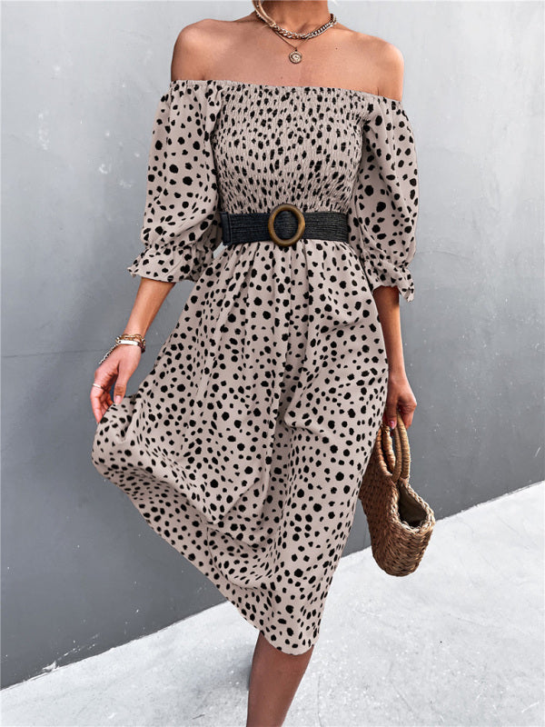 Women's Casual Fashion Square Neck One-Word Neck Two-Wear Retro Leopard Print Dress