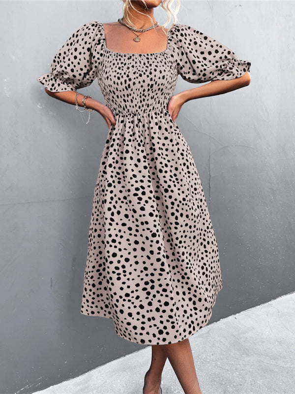 Women's Casual Fashion Square Neck One-Word Neck Two-Wear Retro Leopard Print Dress