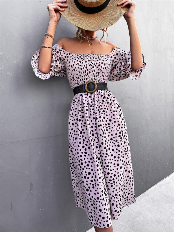 Women's Casual Fashion Square Neck One-Word Neck Two-Wear Retro Leopard Print Dress