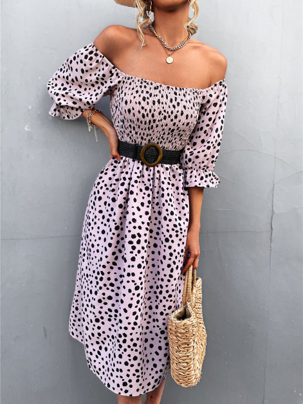 Women's Casual Fashion Square Neck One-Word Neck Two-Wear Retro Leopard Print Dress