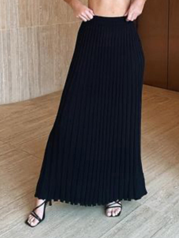 Knitted Cami Top & Pleated Skirt Set - Black