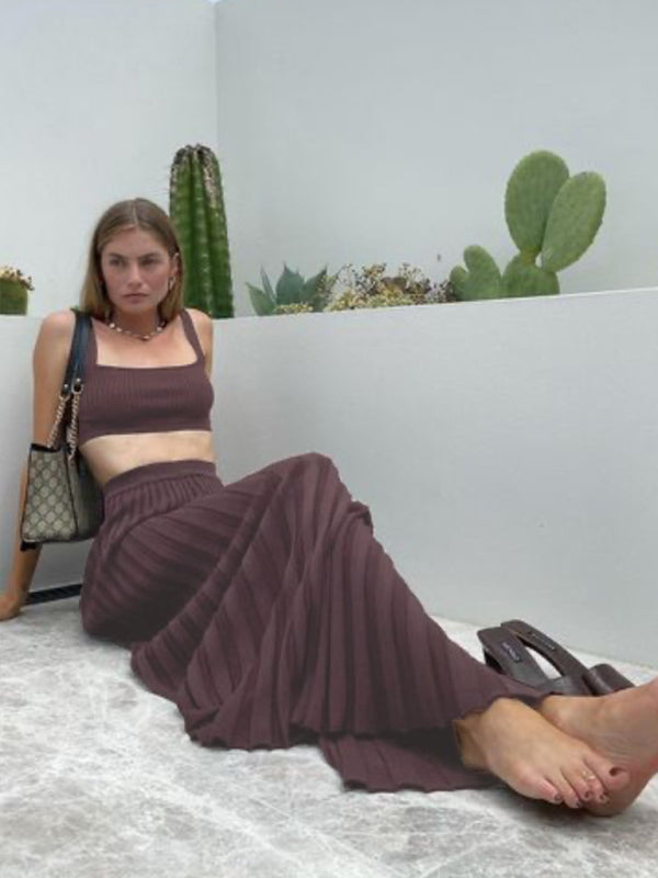Knitted Cami Top & Pleated Skirt Set - Black