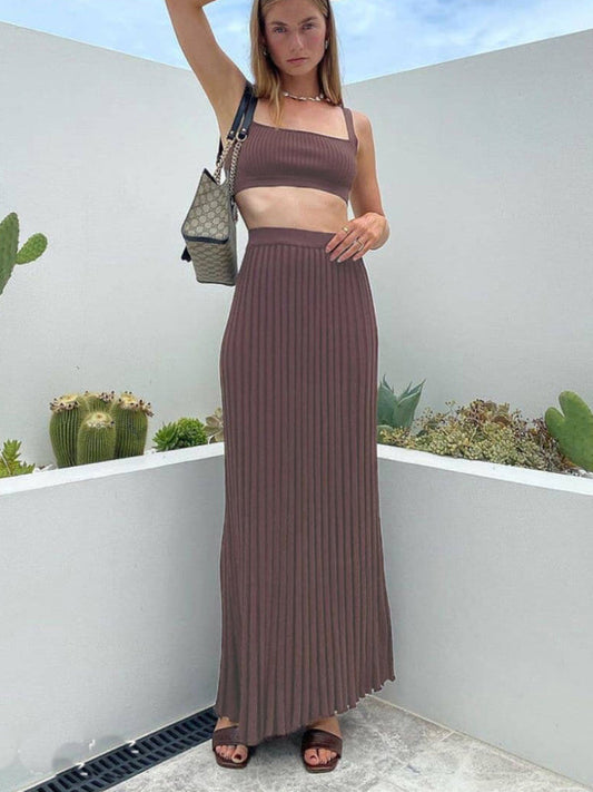 Knitted Cami Top & Pleated Skirt Set - Coffee