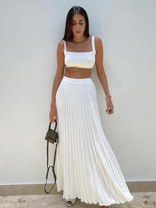 Knitted Cami Top & Pleated Skirt Set - Black