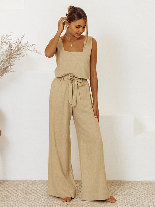 Khaki Sleeveless Top & High Waist Trouser Set