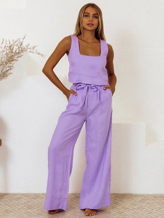 Purple Sleeveless Top & High Waist Trouser Set