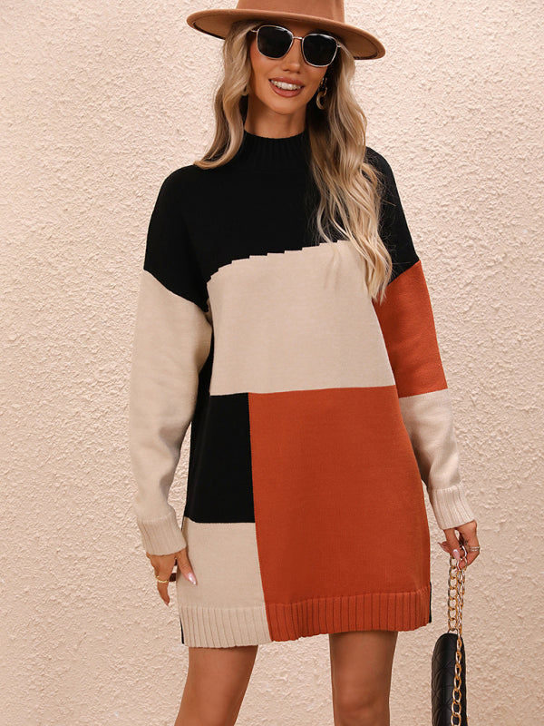 Women's Casual Color Block Dress Crew Neck Knit Long Sweater