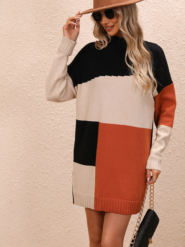 Women's Casual Color Block Dress Crew Neck Knit Long Sweater