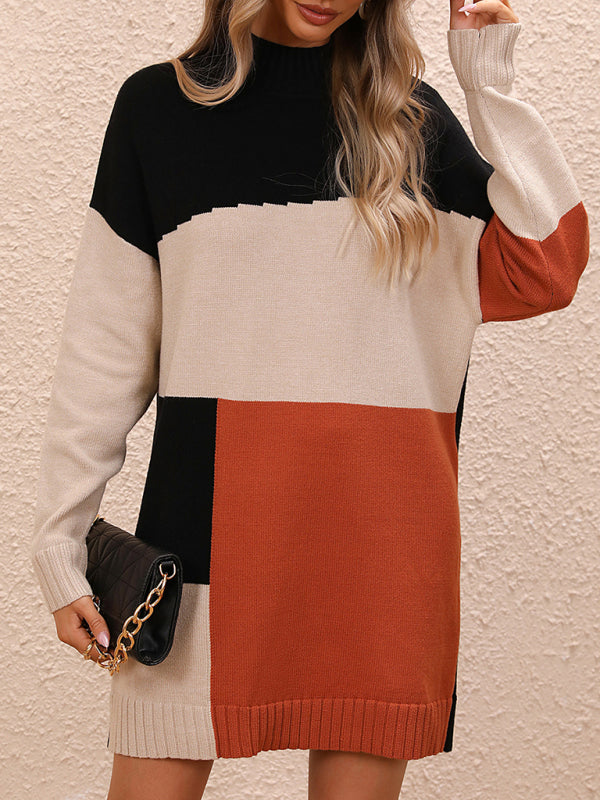 Women's Casual Color Block Dress Crew Neck Knit Long Sweater