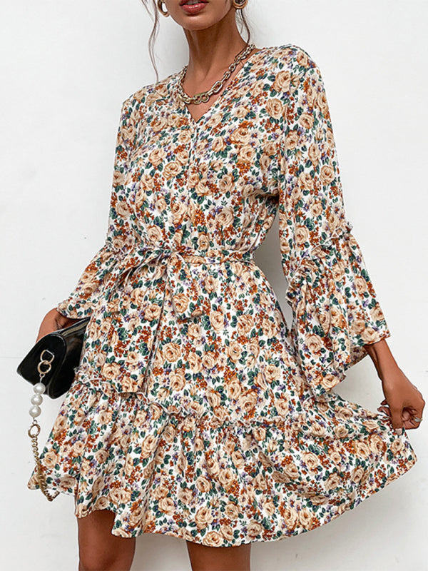 V-neck printed long-sleeved early autumn dress