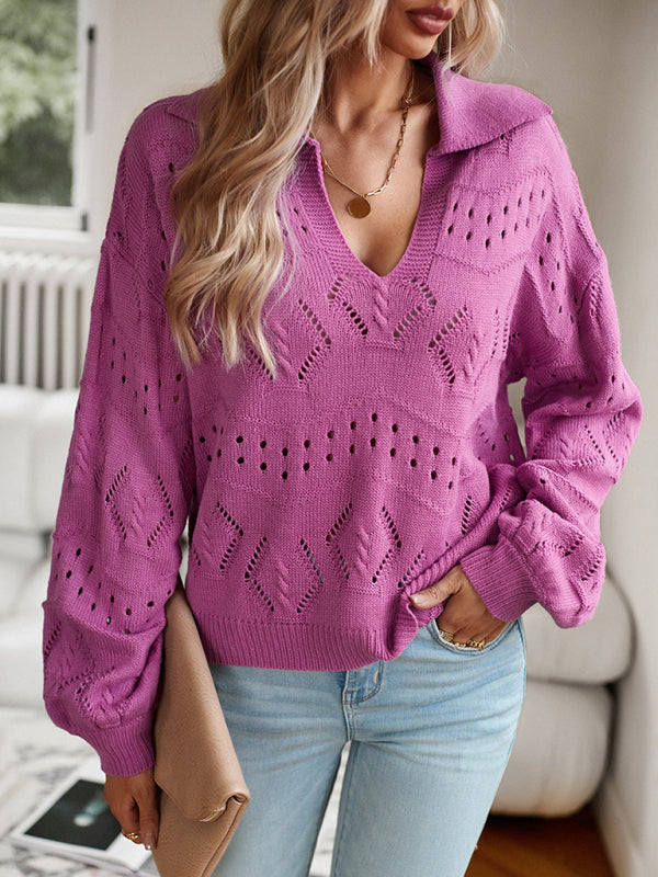 Women's POLO Neck Long Sleeve Knit Top