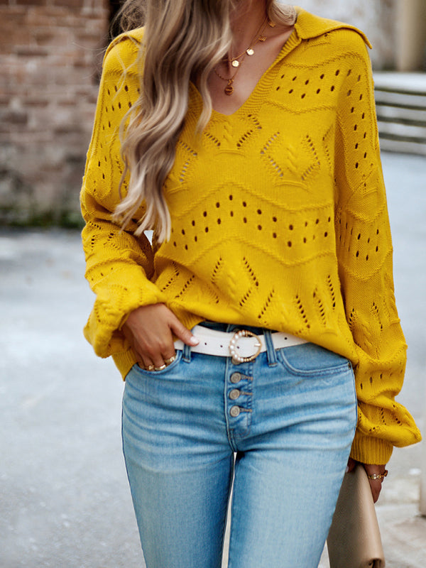 Women's POLO Neck Long Sleeve Knit Top