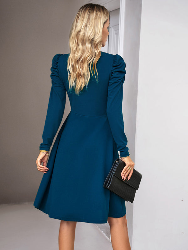 Ladies Fashion Elegant Solid Color V-neck Long Sleeve Dress