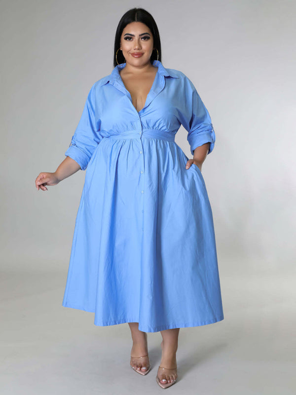 Green Long-Sleeved Buttoned Shirt Dress