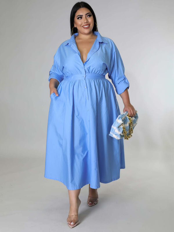 Green Long-Sleeved Buttoned Shirt Dress