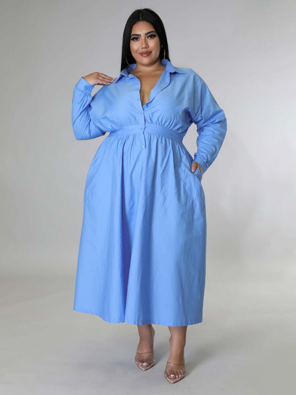 Green Long-Sleeved Buttoned Shirt Dress