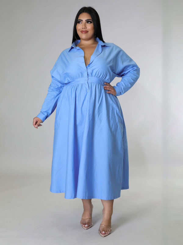 Green Long-Sleeved Buttoned Shirt Dress
