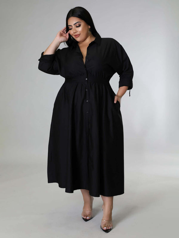 Green Long-Sleeved Buttoned Shirt Dress