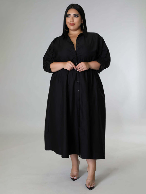 Green Long-Sleeved Buttoned Shirt Dress