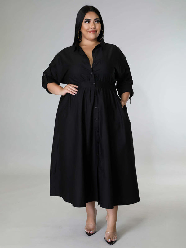 Green Long-Sleeved Buttoned Shirt Dress