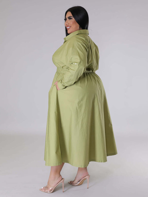 Green Long-Sleeved Buttoned Shirt Dress