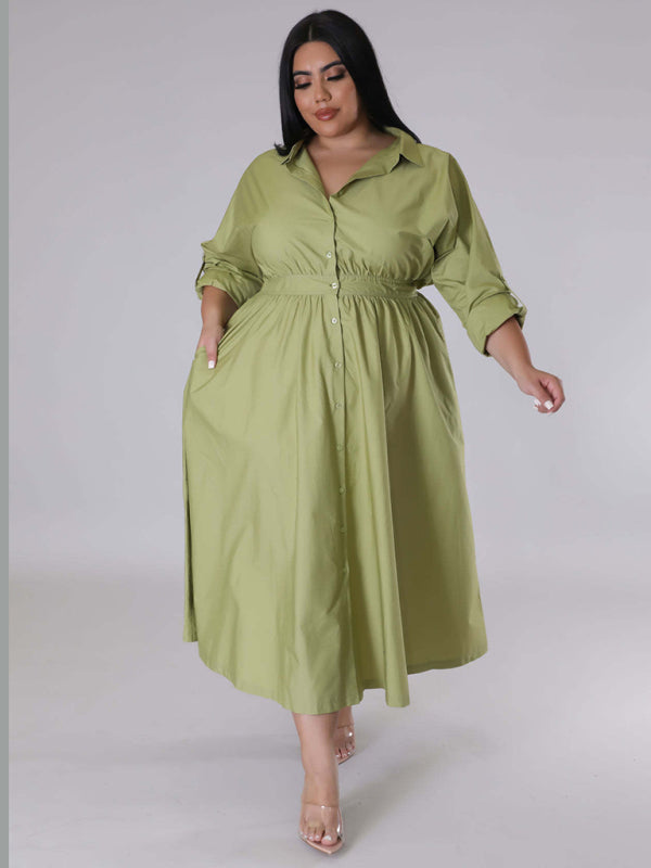 Green Long-Sleeved Buttoned Shirt Dress