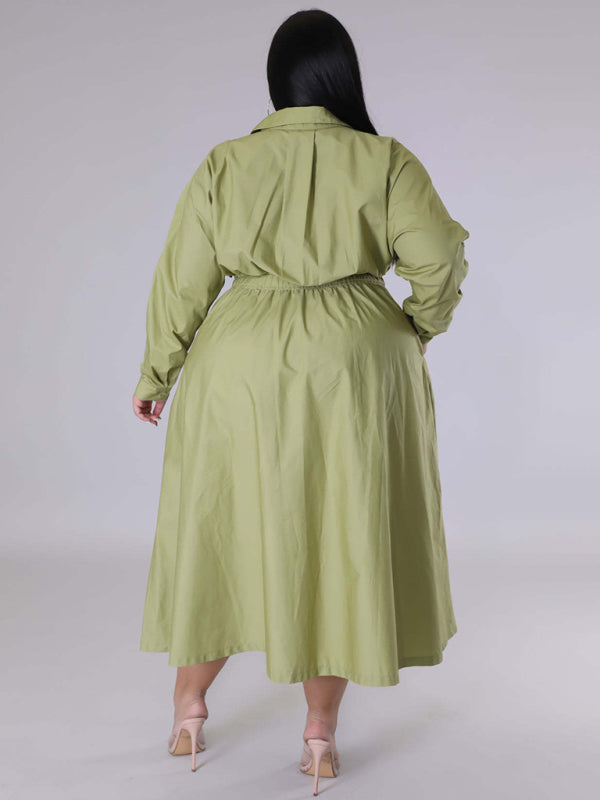 Green Long-Sleeved Buttoned Shirt Dress