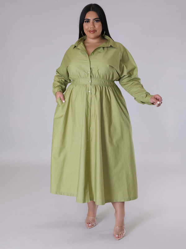 Green Long-Sleeved Buttoned Shirt Dress