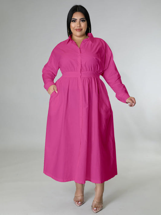 Rose Colour Long-Sleeved Buttoned Shirt Dress