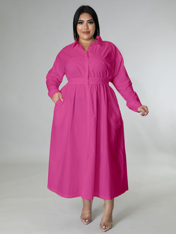 Green Long-Sleeved Buttoned Shirt Dress