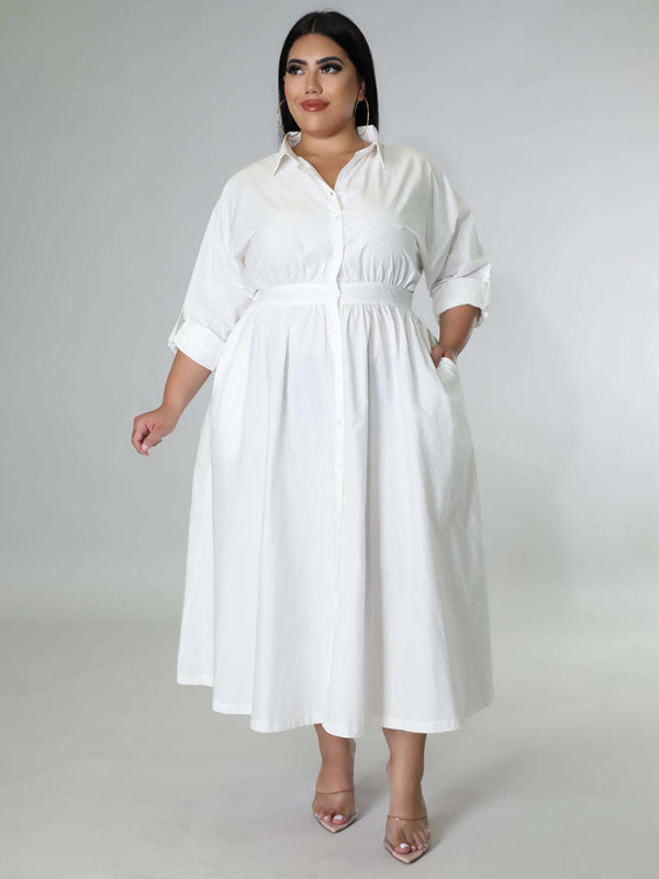 Green Long-Sleeved Buttoned Shirt Dress