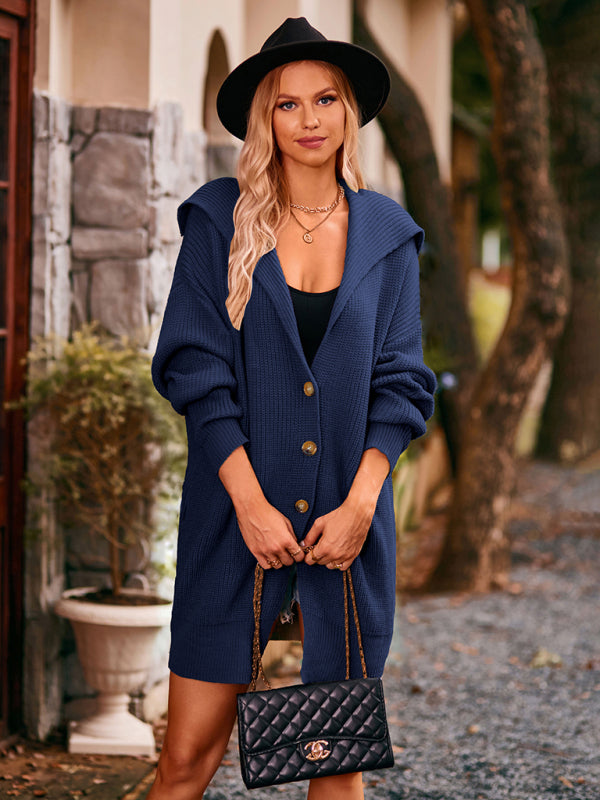 New women's solid color lapel tie pocket cardigan three buttons mid-length sweater coat