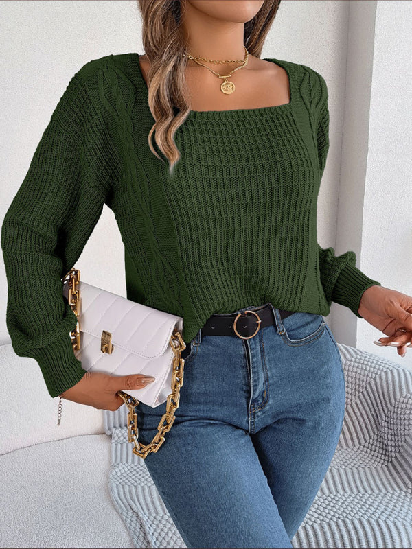 New Women's Solid Color Square Neck Twist Lantern Sleeves Knitted Pullover Sweater