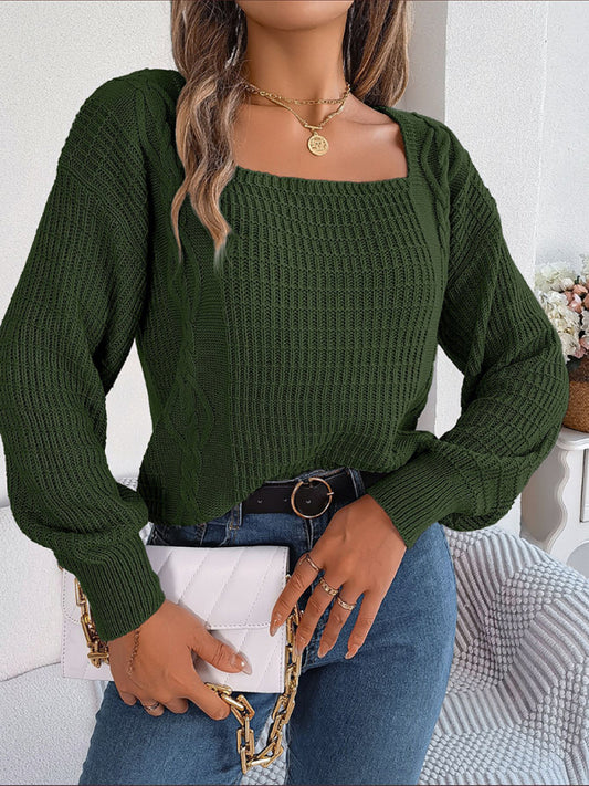 New Women's Solid Color Square Neck Twist Lantern Sleeves Knitted Pullover Sweater