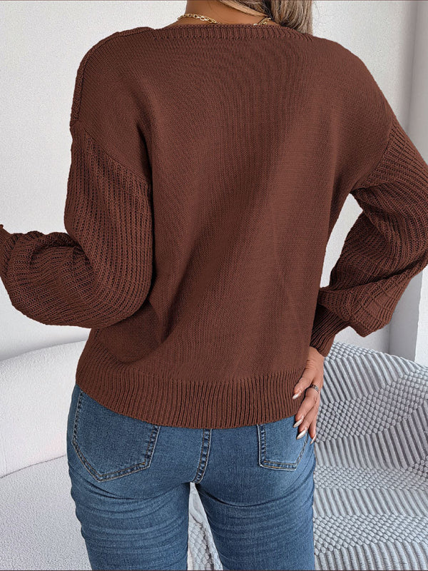 New Women's Solid Color Square Neck Twist Lantern Sleeves Knitted Pullover Sweater