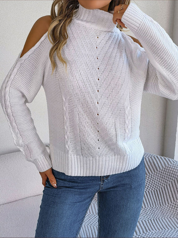 New women's off-the-shoulder turtleneck hollow-out long-sleeved knitted pullover sweater