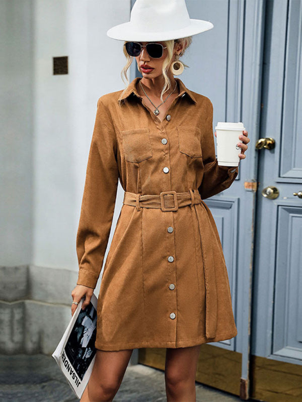 Shirt style lapel long sleeve corduroy dress