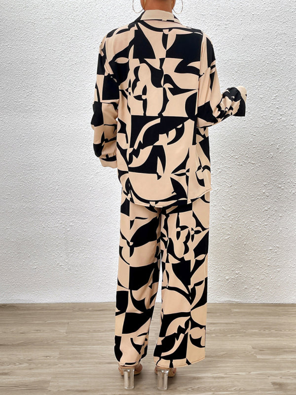 Casual printed suit long-sleeved tops and trousers two pieces set