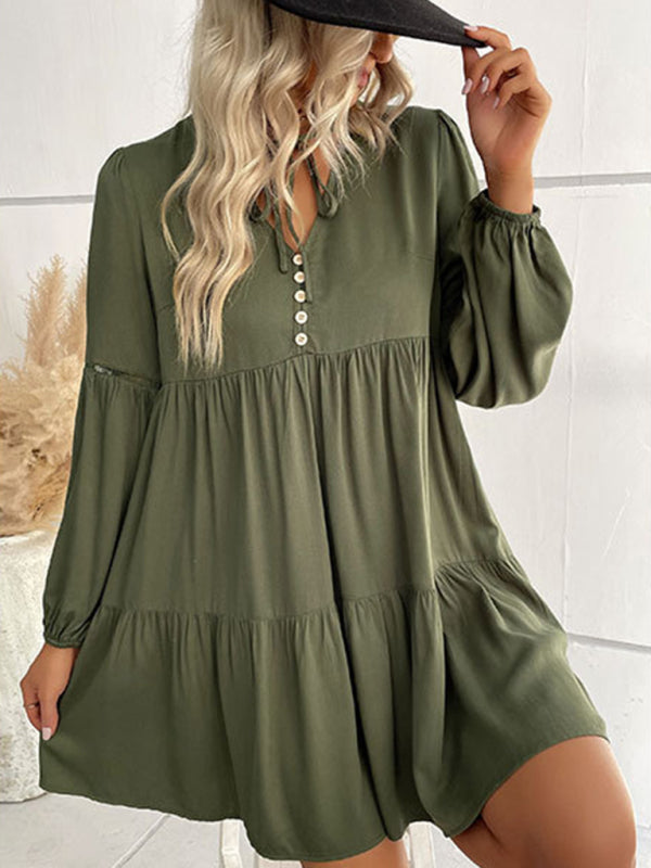 Long Sleeve Tiered Mini Dress - Coffee