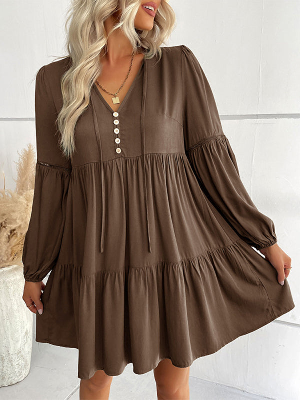 Long Sleeve Tiered Mini Dress - Coffee