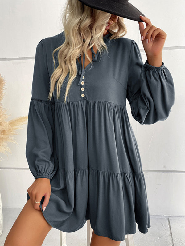 Long Sleeve Tiered Mini Dress - Navy